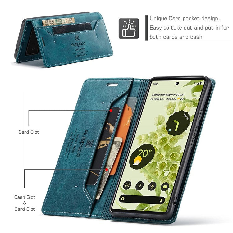 AUTSPACE A01 Series for Google Pixel 6 PU Leather Case RFID Blocking Wallet Stand Flip Cover - Blue