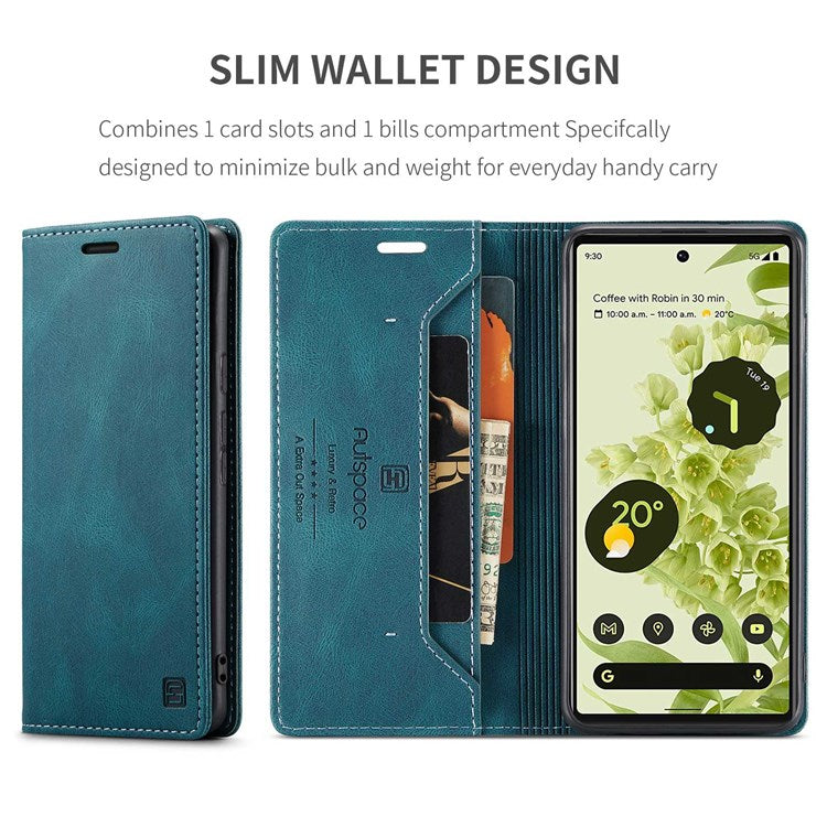 AUTSPACE A01 Series for Google Pixel 6 PU Leather Case RFID Blocking Wallet Stand Flip Cover - Blue