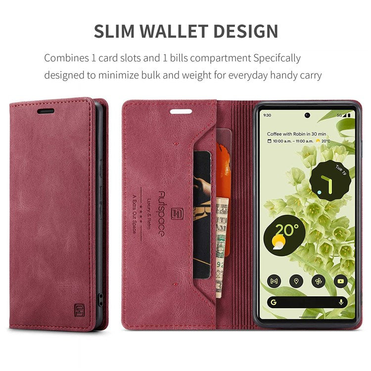AUTSPACE A01 Series for Google Pixel 6 PU Leather Case RFID Blocking Wallet Stand Flip Cover - Red