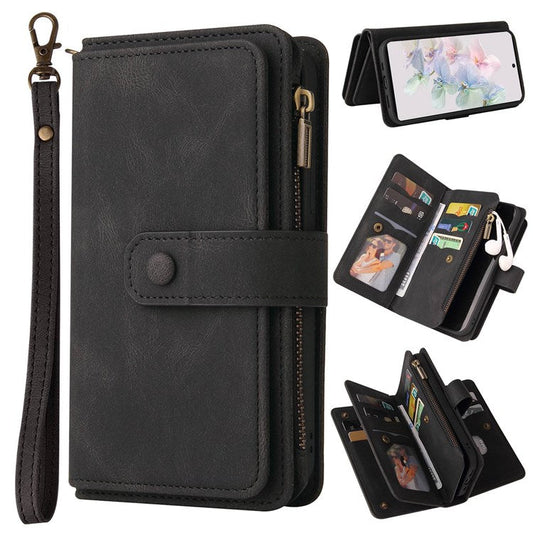 For Google Pixel 7 KT Multi-Functional Series-2 15-Card Design Smooth PU Leather Zippered Pocket Phone Case with Wallet Stand Wrist Strap Buckle Closure - Black