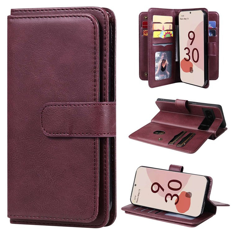 KT Multi-functional Series-1 for Google Pixel 7 Pro 5G Wallet Phone Case PU Leather 10 Card Slots Stand Folio Phone Cover - Wine Red