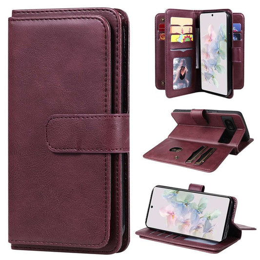 KT Multi-functional Series-1 for Google Pixel 7 PU Leather 10 Card Slots Folio Flip Cover Magnetic Closure Stand Wallet Phone Case - Wine Red