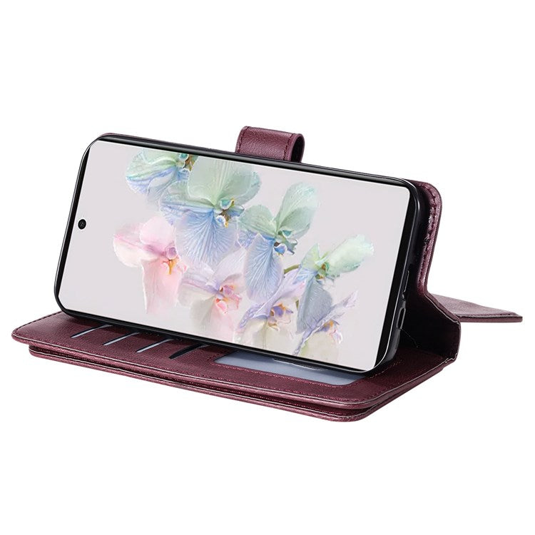 KT Multi-functional Series-1 for Google Pixel 7 PU Leather 10 Card Slots Folio Flip Cover Magnetic Closure Stand Wallet Phone Case - Wine Red