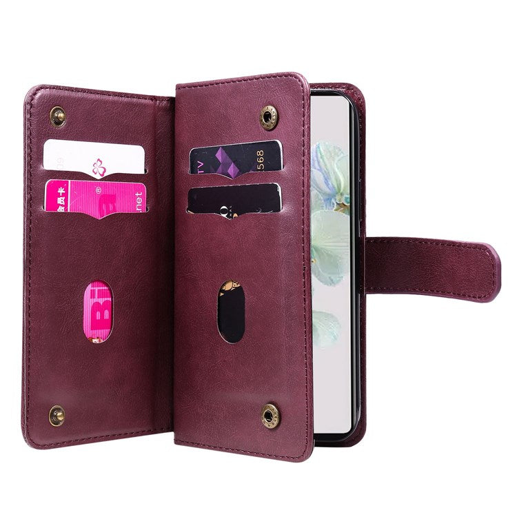 KT Multi-functional Series-1 for Google Pixel 7 PU Leather 10 Card Slots Folio Flip Cover Magnetic Closure Stand Wallet Phone Case - Wine Red
