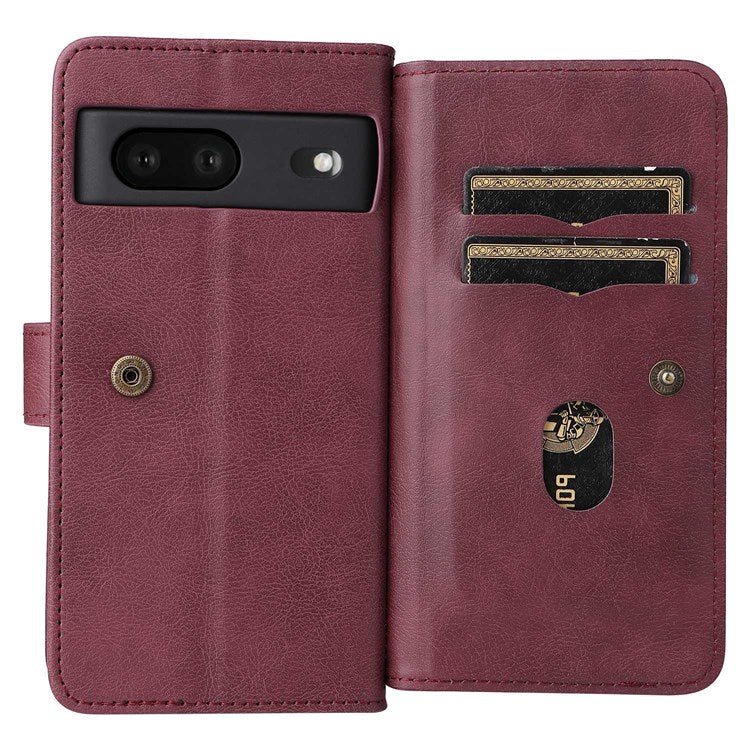 KT Multi-functional Series-1 for Google Pixel 7 PU Leather 10 Card Slots Folio Flip Cover Magnetic Closure Stand Wallet Phone Case - Wine Red