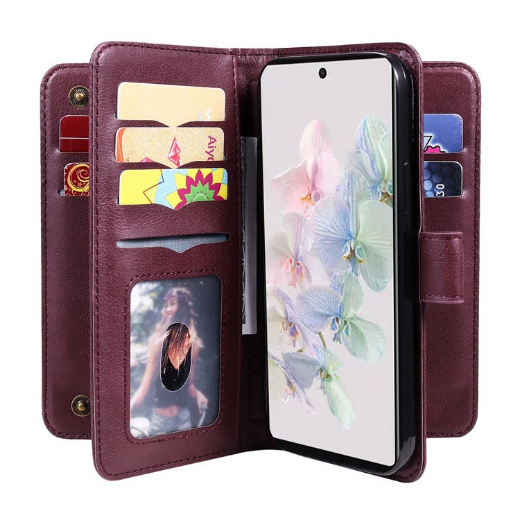 KT Multi-functional Series-1 for Google Pixel 7 PU Leather 10 Card Slots Folio Flip Cover Magnetic Closure Stand Wallet Phone Case - Wine Red
