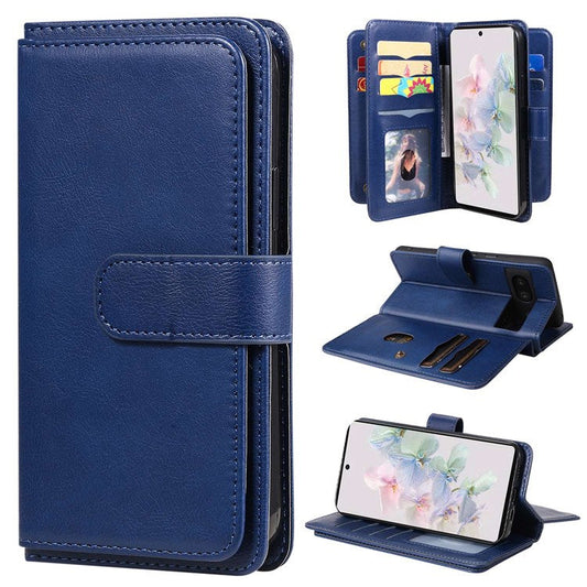 KT Multi-functional Series-1 for Google Pixel 7 PU Leather 10 Card Slots Folio Flip Cover Magnetic Closure Stand Wallet Phone Case - Dark Blue
