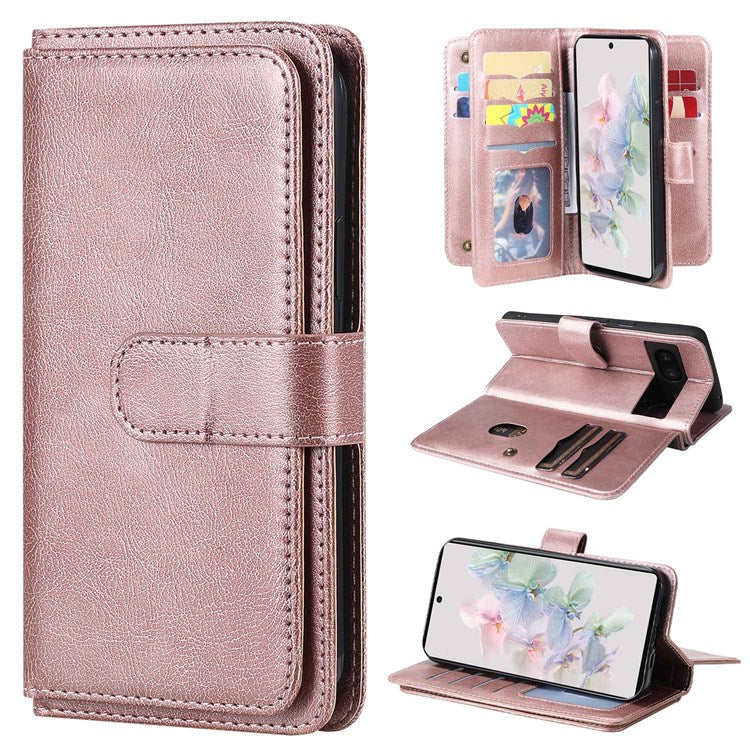 KT Multi-functional Series-1 for Google Pixel 7 PU Leather 10 Card Slots Folio Flip Cover Magnetic Closure Stand Wallet Phone Case - Rose Gold