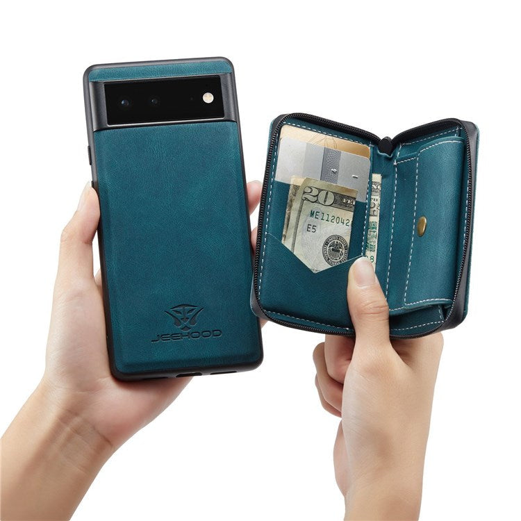JEEHOOD For Google Pixel 7 Kickstand Zipper Wallet Phone Case Detachable Leather Coated TPU Phone Case - Blue
