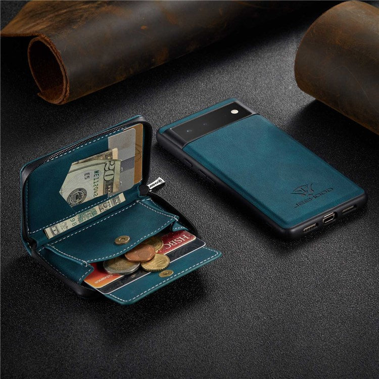 JEEHOOD For Google Pixel 7 Kickstand Zipper Wallet Phone Case Detachable Leather Coated TPU Phone Case - Blue