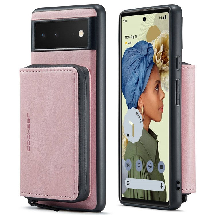 JEEHOOD For Google Pixel 7 Kickstand Zipper Wallet Phone Case Detachable Leather Coated TPU Phone Case - Pink