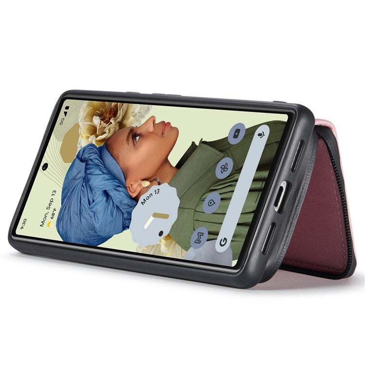 JEEHOOD For Google Pixel 7 Kickstand Zipper Wallet Phone Case Detachable Leather Coated TPU Phone Case - Pink