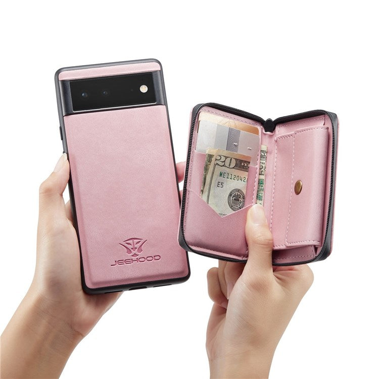 JEEHOOD For Google Pixel 7 Kickstand Zipper Wallet Phone Case Detachable Leather Coated TPU Phone Case - Pink