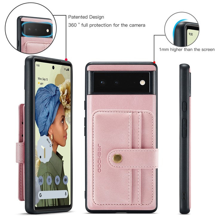 JEEHOOD Shockproof Phone Cover for Google Pixel 6 RFID Blocking Wallet Phone Case Anti-Scratch Phone Shell Support Wireless Charging - Pink