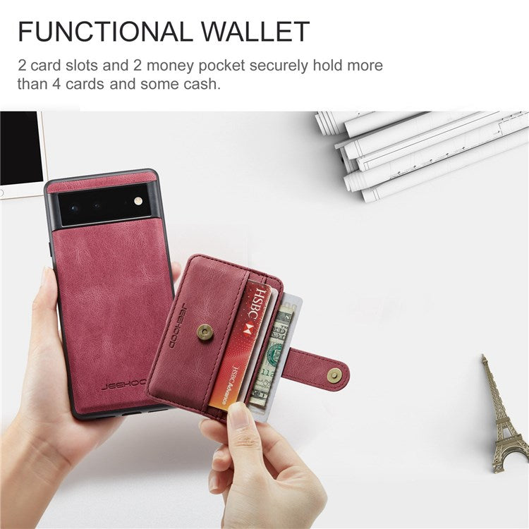 JEEHOOD Shockproof Phone Cover for Google Pixel 6 RFID Blocking Wallet Phone Case Anti-Scratch Phone Shell Support Wireless Charging - Red