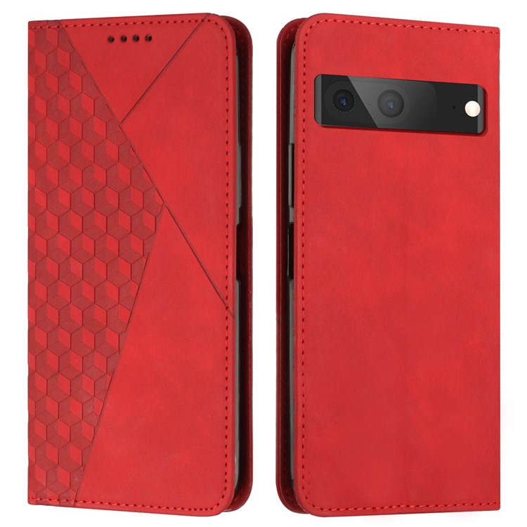 PU Leather + TPU Phone Shell for Google Pixel 7, Stand Design Rhombus Pattern Imprinted Magnetic Absorption Folio Flip Case with Wallet - Red
