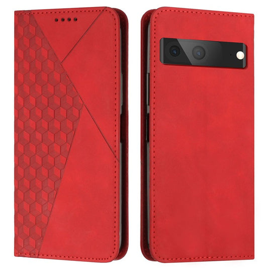 PU Leather + TPU Phone Shell for Google Pixel 7, Stand Design Rhombus Pattern Imprinted Magnetic Absorption Folio Flip Case with Wallet - Red