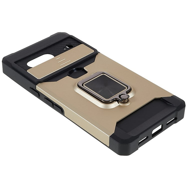 For Google Pixel 7 Hard PC Soft TPU Hybrid Impact-Resistant Phone Case Slide Camera Lens Protection Design Kickstand Back Cover with Card Slot - Gold
