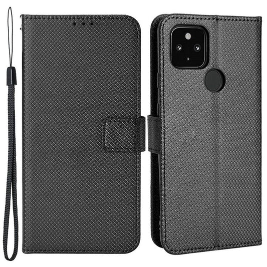 Shockproof Case for Google Pixel 4a 5G Diamond Texture PU Leather Folio Flip Cover Wallet Phone Case with Stand/Strap - Black
