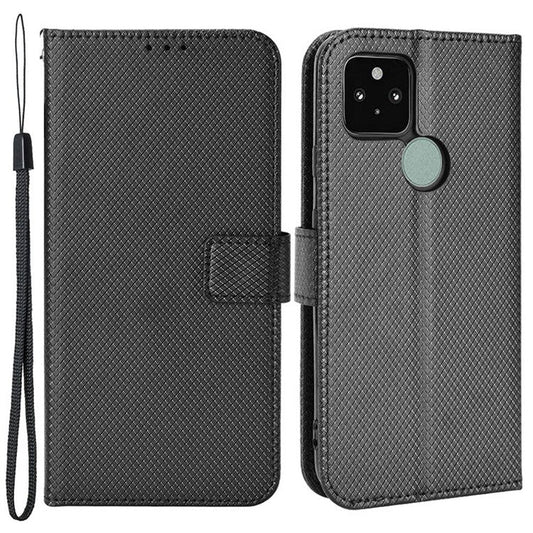 Diamond Texture PU Leather Case for Google Pixel 5 Shockproof Folio Flip Cover Wallet Phone Case with Stand/Strap - Black