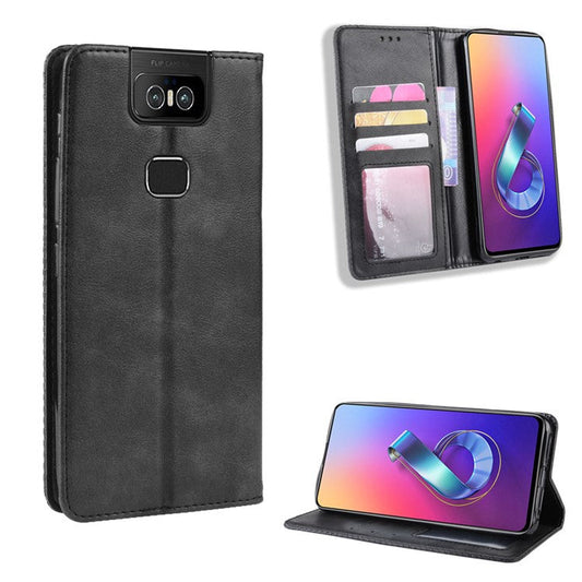 Vintage Style PU Leather Wallet Phone Cover for Asus Zenfone 6 ZS630KL/Zenfone 6z/Zenfone 6 2019 - Black