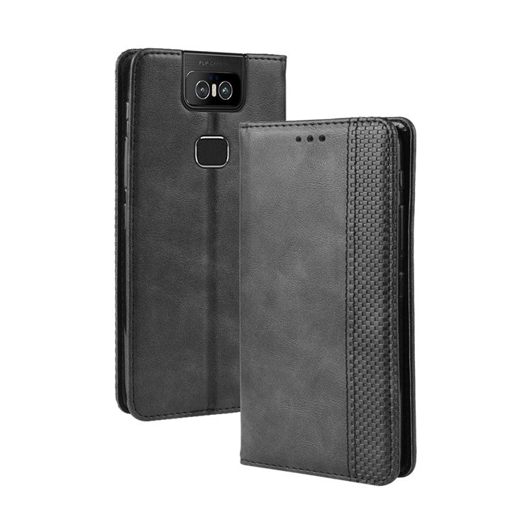 Vintage Style PU Leather Wallet Phone Cover for Asus Zenfone 6 ZS630KL/Zenfone 6z/Zenfone 6 2019 - Black