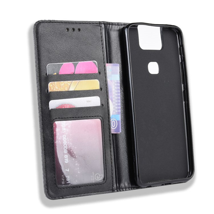 Vintage Style PU Leather Wallet Phone Cover for Asus Zenfone 6 ZS630KL/Zenfone 6z/Zenfone 6 2019 - Black