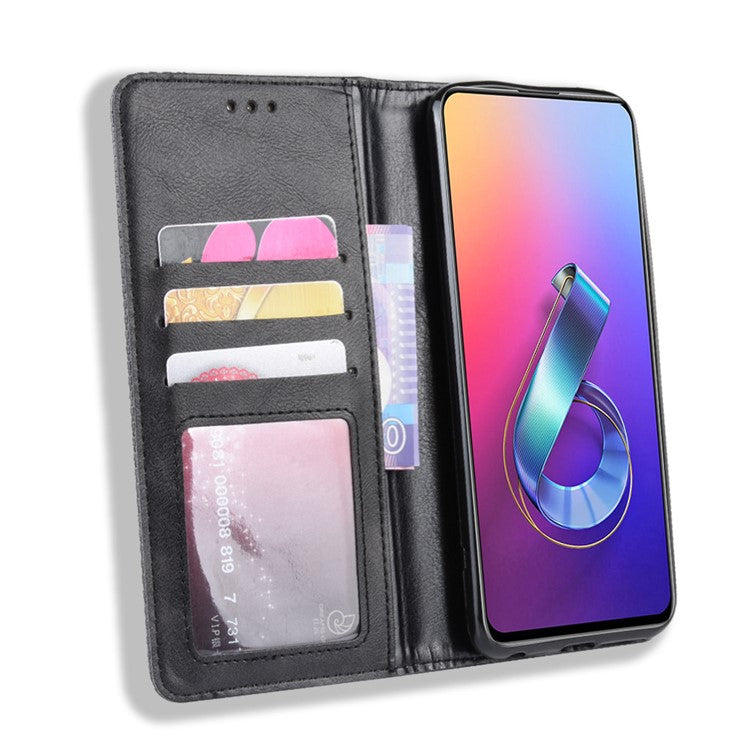 Vintage Style PU Leather Wallet Phone Cover for Asus Zenfone 6 ZS630KL/Zenfone 6z/Zenfone 6 2019 - Black