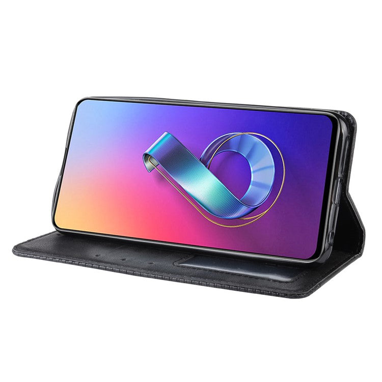 Vintage Style PU Leather Wallet Phone Cover for Asus Zenfone 6 ZS630KL/Zenfone 6z/Zenfone 6 2019 - Black