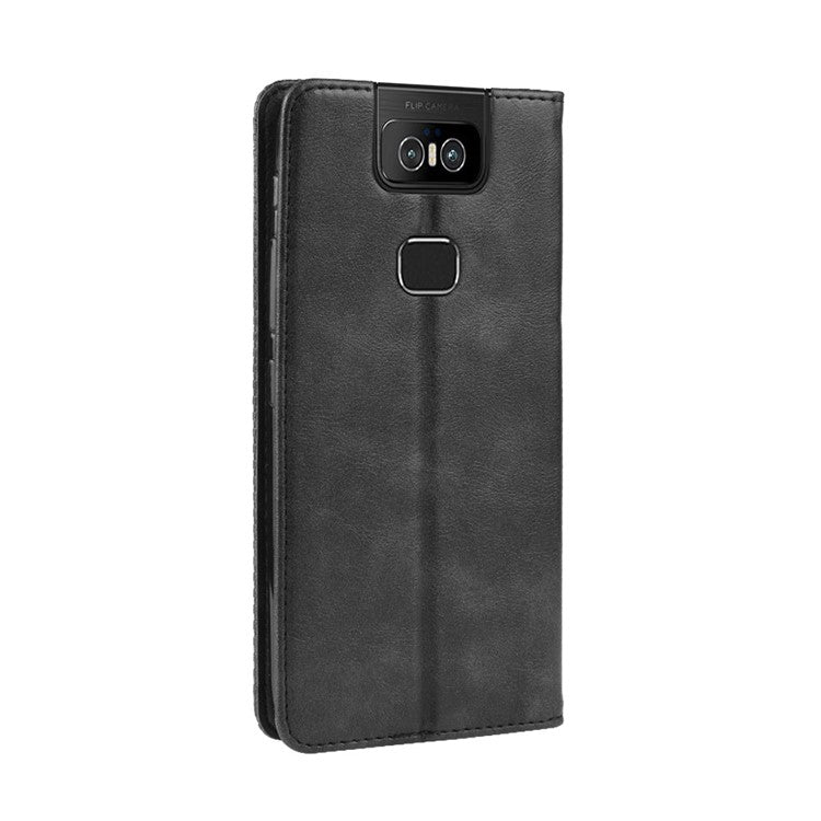 Vintage Style PU Leather Wallet Phone Cover for Asus Zenfone 6 ZS630KL/Zenfone 6z/Zenfone 6 2019 - Black
