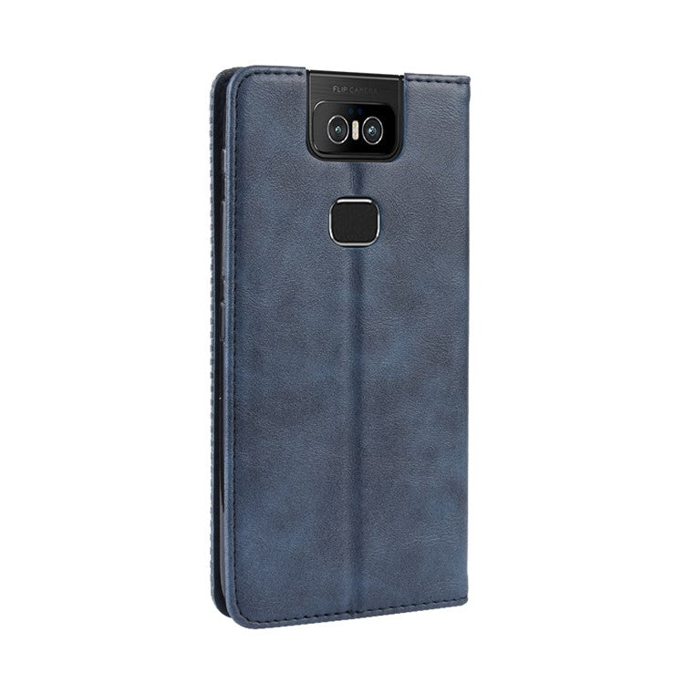 Vintage Style PU Leather Wallet Phone Cover for Asus Zenfone 6 ZS630KL/Zenfone 6z/Zenfone 6 2019 - Blue