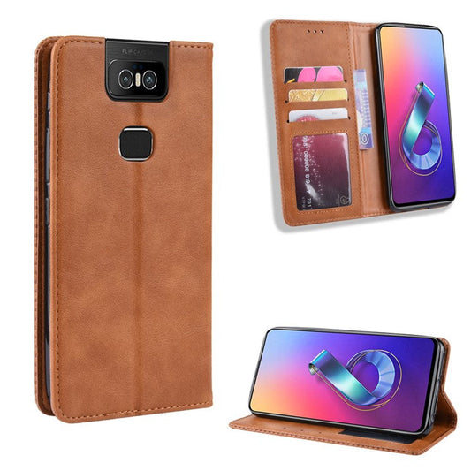 Vintage Style PU Leather Wallet Phone Cover for Asus Zenfone 6 ZS630KL/Zenfone 6z/Zenfone 6 2019 - Brown