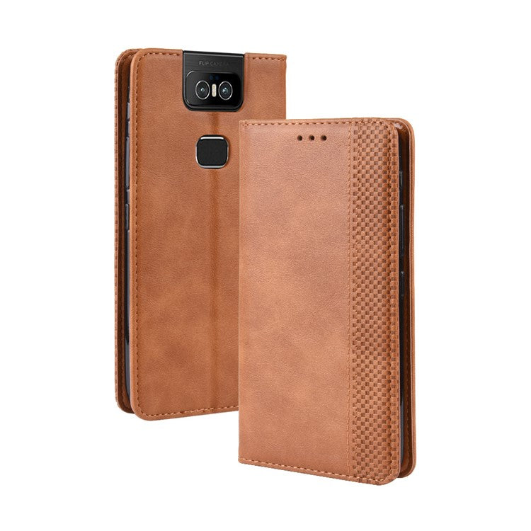 Vintage Style PU Leather Wallet Phone Cover for Asus Zenfone 6 ZS630KL/Zenfone 6z/Zenfone 6 2019 - Brown