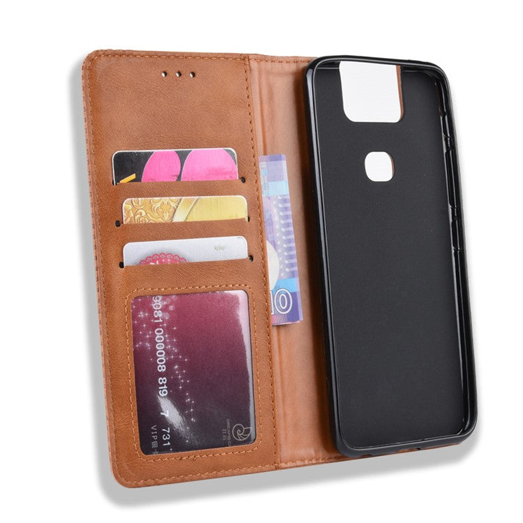 Vintage Style PU Leather Wallet Phone Cover for Asus Zenfone 6 ZS630KL/Zenfone 6z/Zenfone 6 2019 - Brown