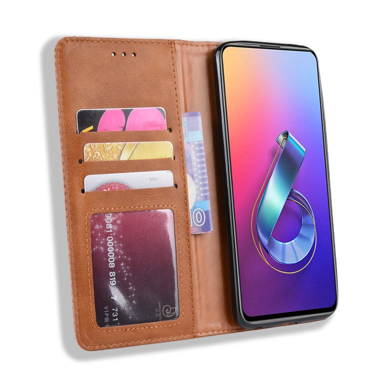 Vintage Style PU Leather Wallet Phone Cover for Asus Zenfone 6 ZS630KL/Zenfone 6z/Zenfone 6 2019 - Brown