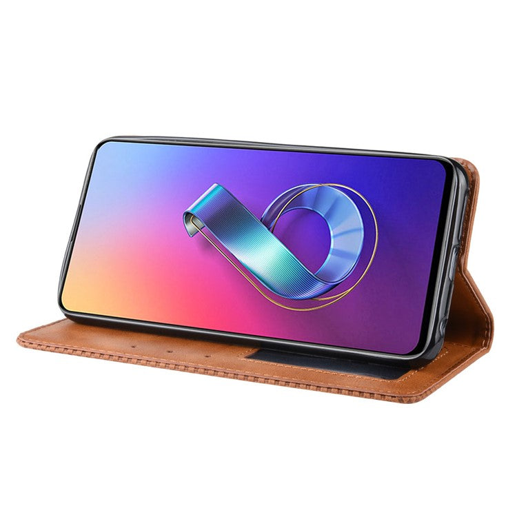Vintage Style PU Leather Wallet Phone Cover for Asus Zenfone 6 ZS630KL/Zenfone 6z/Zenfone 6 2019 - Brown