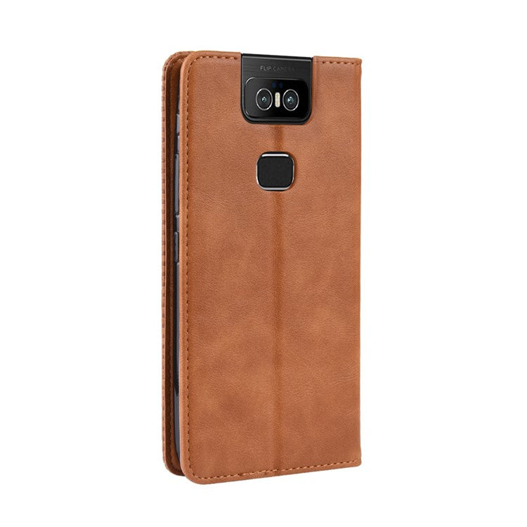 Vintage Style PU Leather Wallet Phone Cover for Asus Zenfone 6 ZS630KL/Zenfone 6z/Zenfone 6 2019 - Brown