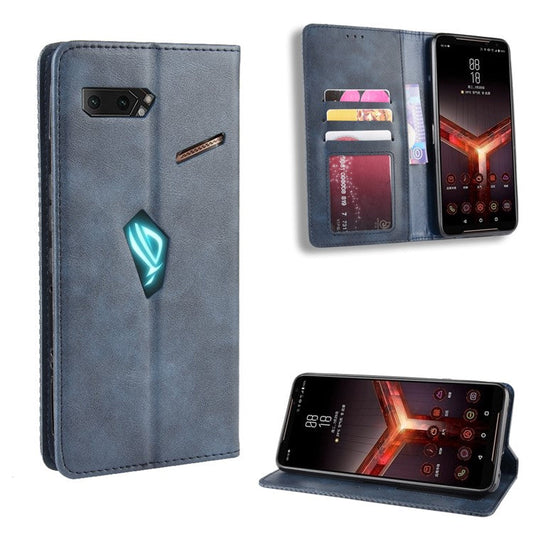 Retro Auto-absorbed PU Leather Wallet Cover Case for Asus ROG Phone II ZS660KL - Blue