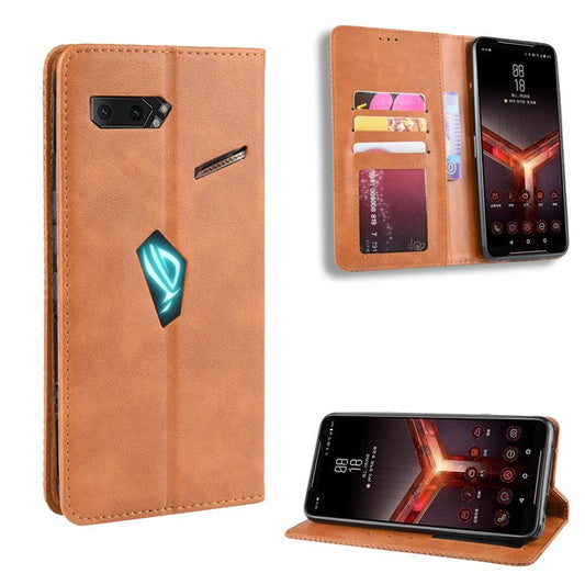 Retro Auto-absorbed PU Leather Wallet Cover Case for Asus ROG Phone II ZS660KL - Brown