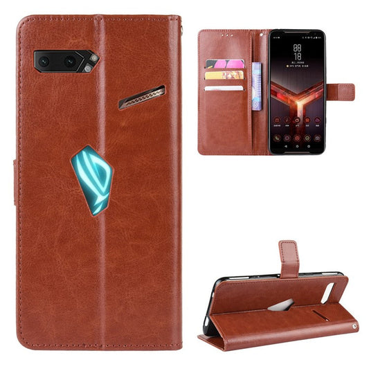 Crazy Horse Texture Leather Phone Shell Wallet Stand Case for Asus ROG Phone II ZS660KL - Brown