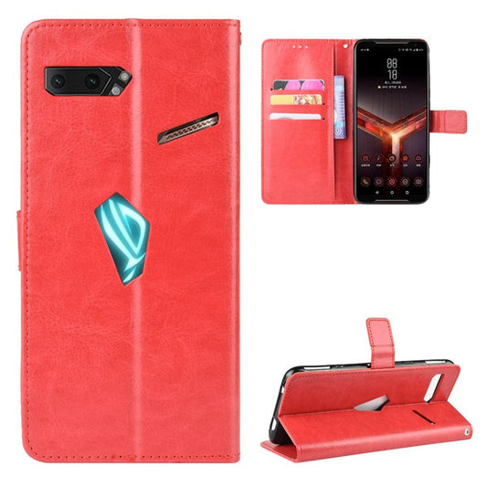 Crazy Horse Texture Leather Phone Shell Wallet Stand Case for Asus ROG Phone II ZS660KL - Red