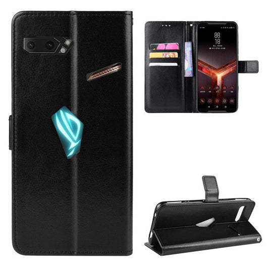 Crazy Horse Texture Leather Phone Shell Wallet Stand Case for Asus ROG Phone II ZS660KL - Black
