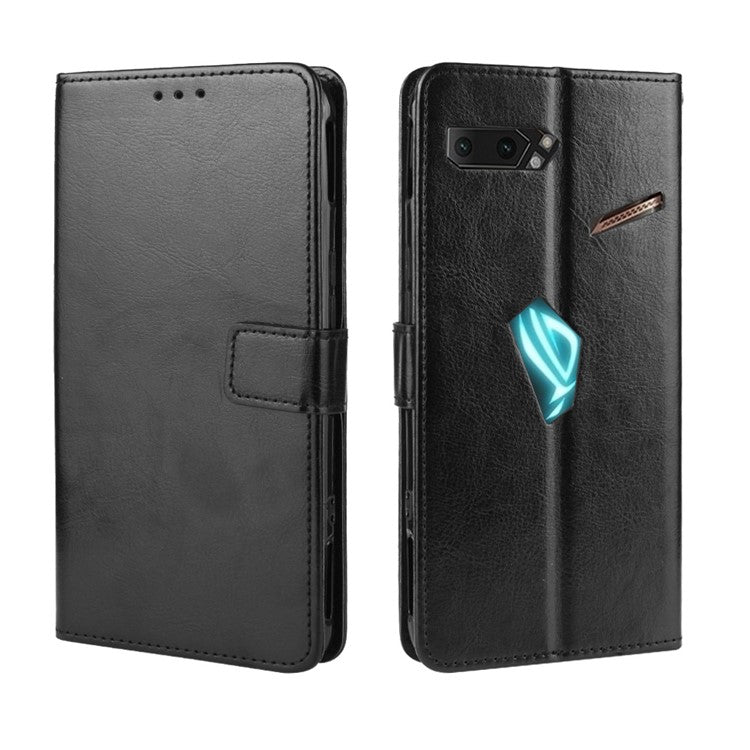 Crazy Horse Texture Leather Phone Shell Wallet Stand Case for Asus ROG Phone II ZS660KL - Black