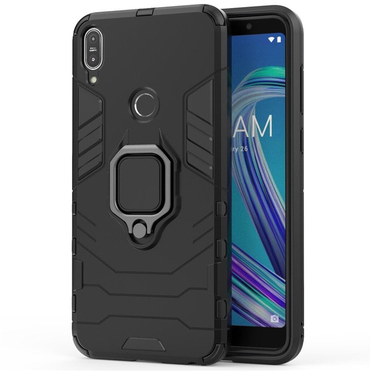 Cool Armor Guard Ring Holder Kickstand PC TPU Hybrid Cell Phone Case for Asus ZenFone Max Pro (M1) ZB602KL - Black