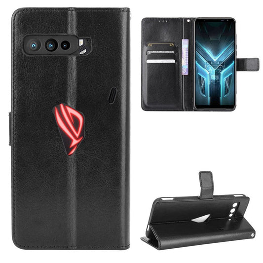 Crazy Horse Texture Wallet Stand Leather Phone Case with Logo Hole for Asus ROG Phone 3/ZS661KS/ROG Phone 3 Strix - Black