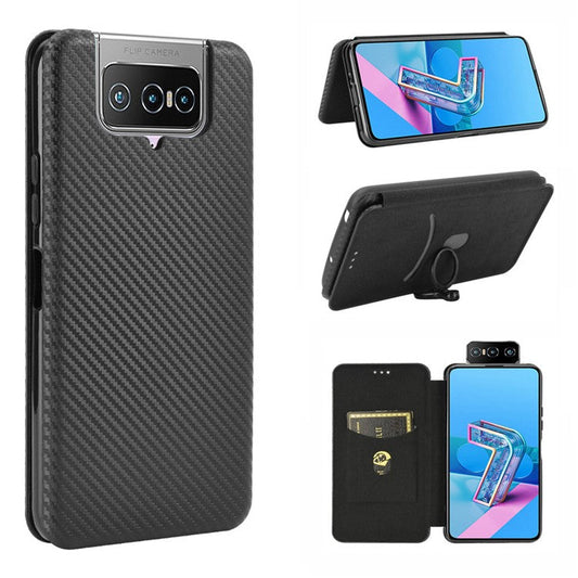 Auto-absorbed Carbon Fiber Texture Stand Leather Case with Card Slot for Asus Zenfone 7 ZS670KS/7 Pro ZS671KS - Black