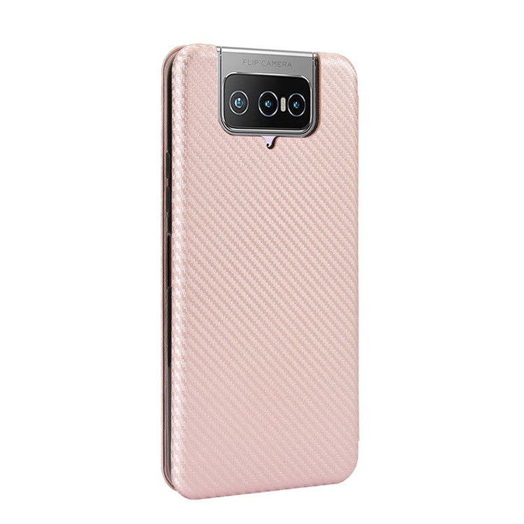 Auto-absorbed Carbon Fiber Texture Stand Leather Case with Card Slot for Asus Zenfone 7 ZS670KS/7 Pro ZS671KS - Pink