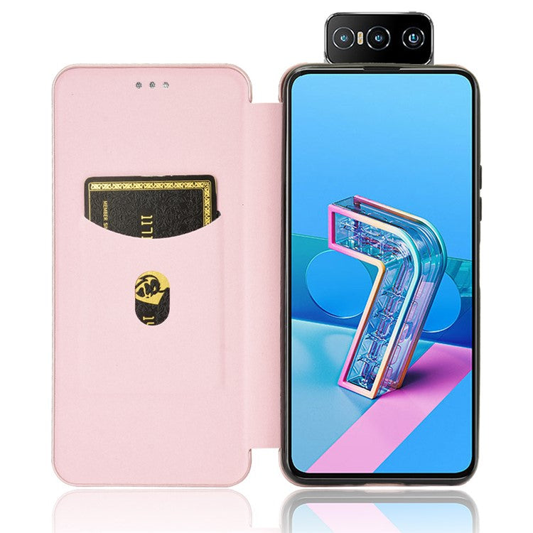 Auto-absorbed Carbon Fiber Texture Stand Leather Case with Card Slot for Asus Zenfone 7 ZS670KS/7 Pro ZS671KS - Pink