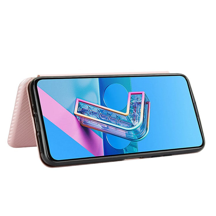 Auto-absorbed Carbon Fiber Texture Stand Leather Case with Card Slot for Asus Zenfone 7 ZS670KS/7 Pro ZS671KS - Pink