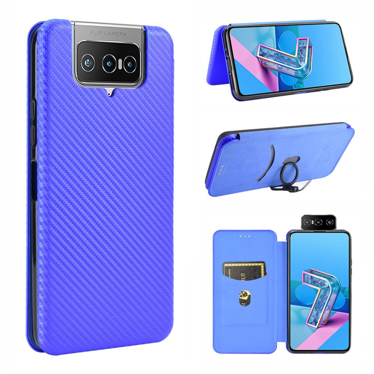 Auto-absorbed Carbon Fiber Texture Stand Leather Case with Card Slot for Asus Zenfone 7 ZS670KS/7 Pro ZS671KS - Blue